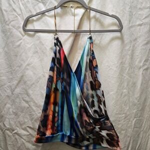 Bebe Women's Medium Halter Neck Wrap Going Out Y2K Style Printed Sleeveless Top